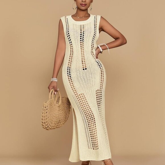 Women’s Crochet Beach Cover Up Sleeveless Summer Knit Swimwear Coverup - Picture 2 of 6